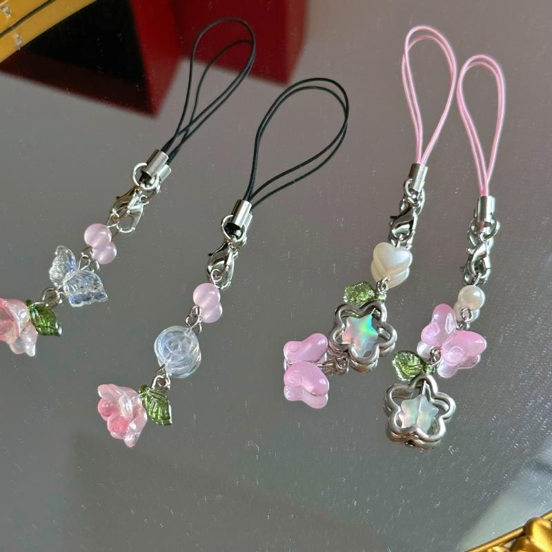 Ręcznie robiony łańcuszek do telefonu z koralików kwiat i motyl zawieszka do telefonu komórkowego kolorowy brelok wisiorek dodatek do telefonu komórkowego