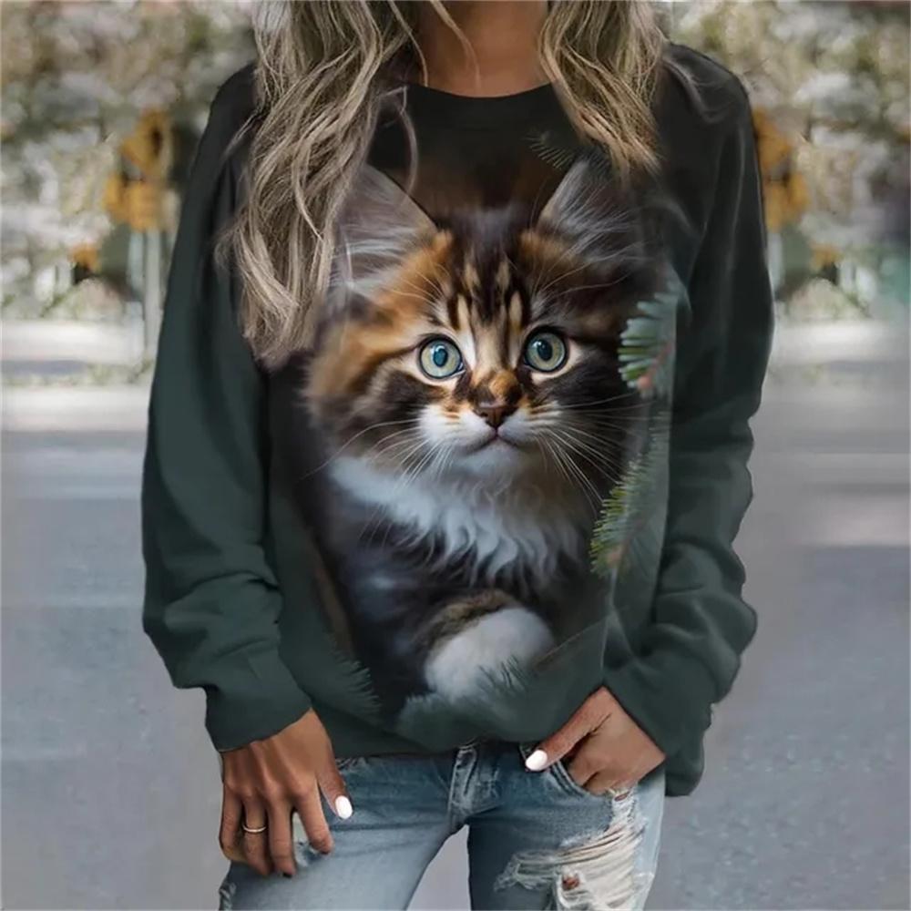 Jersey de manga larga para mujer, camiseta con estampado de gato a la moda en 3D, Jersey informal de calle para chica, suéter de cuello redondo, Top diario para mujer