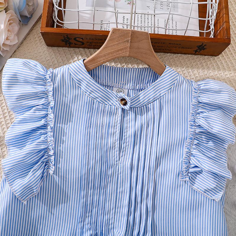 Girls' Fashionable Sky-blue Outfit - Summer Children's Elegant Top and Skirt Set