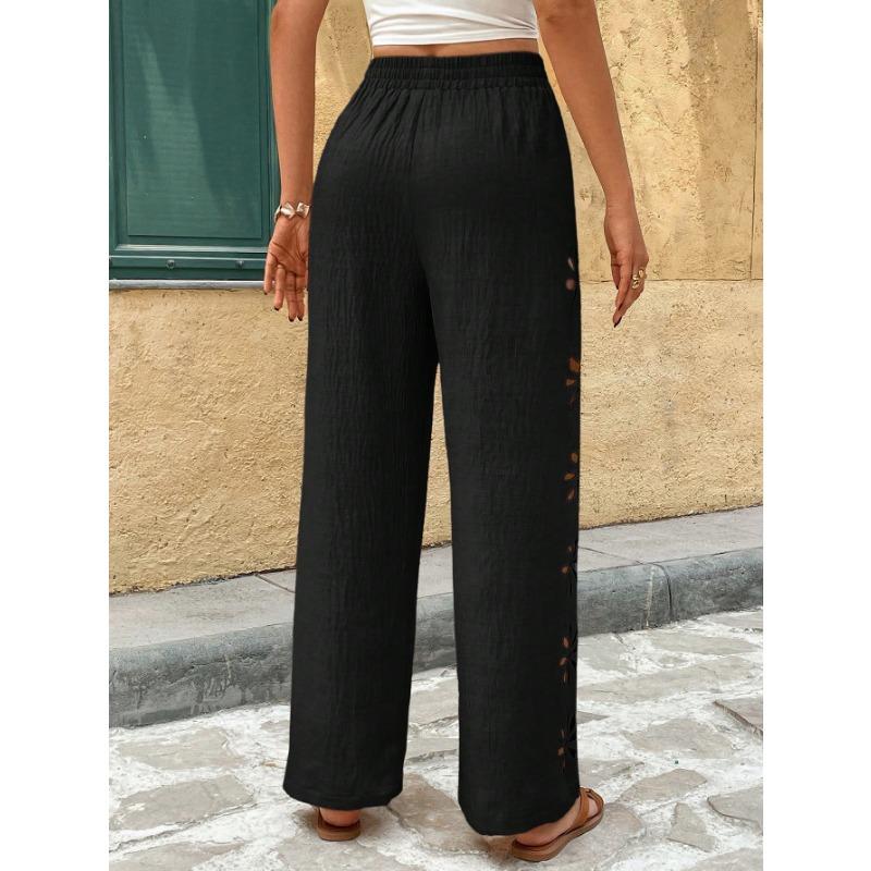 Bohemian Side Hollow Out Embroidery Elastic Waist Loose Wide Leg Long Pants