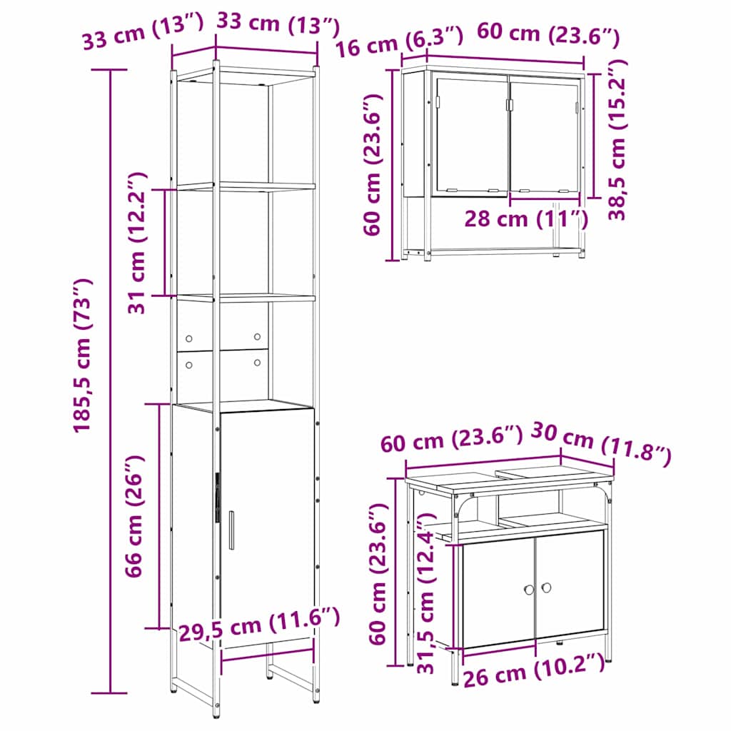 Bathroom Furniture Set with Shelf 3 Pcs Sonoma Oak Engineered Wood
