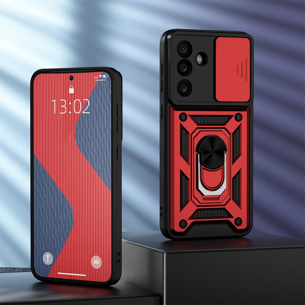 KEYSION Shockproof Case for Samsung M56 5G Silicone+PC Slide Camera Protection Ring Stand Phone Back Cover for Galaxy F56 5G