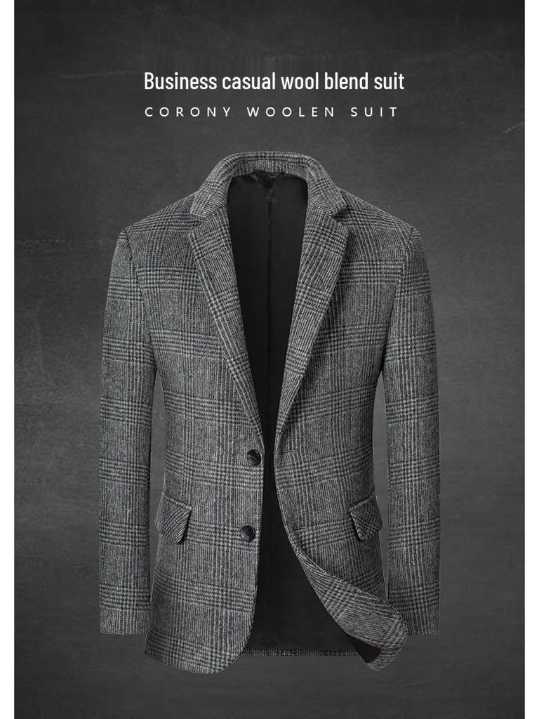 Autumn Winter Men's Plaid Wool Blend Slim Fit Suit Jacket - Business Casual Coats