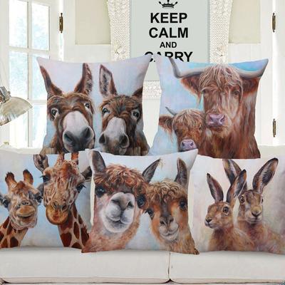 Oil Painting Wild Animals Highland Donkey Hare Alpaca Duck Giraffe Print Cushion Cover Pillow Case