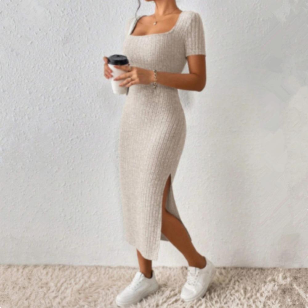 

Летнее Новое Модное Женское Платье Сексуальное Приталенное Платье с Квадратным Вырезом и Разрезом Платье Полностью Закрывающее Тело Женское XXL бежевый