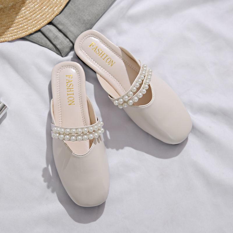 Leather Slides Pearl Low Heel Beige Women's Slippers and Ladies Sandals Chic Elegant Unique Slip-resistant Small Size Shoes