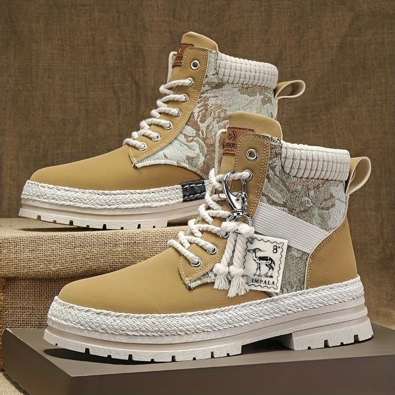 [Trendy High-Top Sneakers] Trendy High-Top Casual Sneakers - Men's Lace-Up Boots with Furry Collar & Side Zipper, Durable for Outdoor & Casual Attire