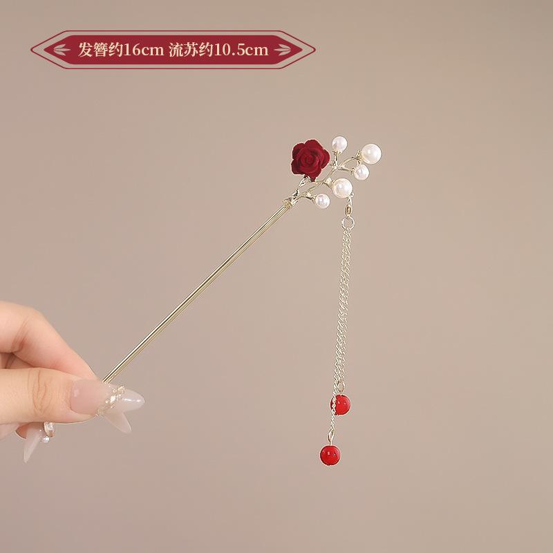 Vintage Chinese Style Rose Hairpin For Women Red Flower Element Tassel Hair Stick Elegant Exquisite Handmade Hair Accessories