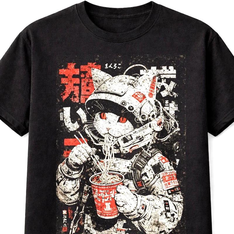 Space Cat Noodle Japanese Cyberpunk Y2K Retro Techwear Unisexga Anime TShirt S5XL S