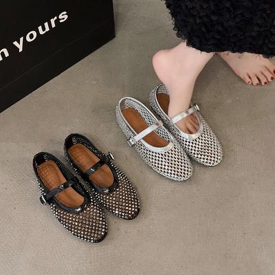 Mesh Breathable Rhinestone Fashion Versatile Women's New Foreign Style Niche Belt Flat Soft Soled Mary Jane Shoes Womens Shoes