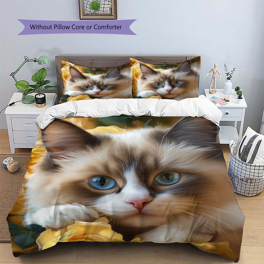 Ragdoll Cat and Rose Pattern Bedding Home Decoration Birthday Gift (1 * Duvet Cover + 2 * Pillowcase, Without Core)