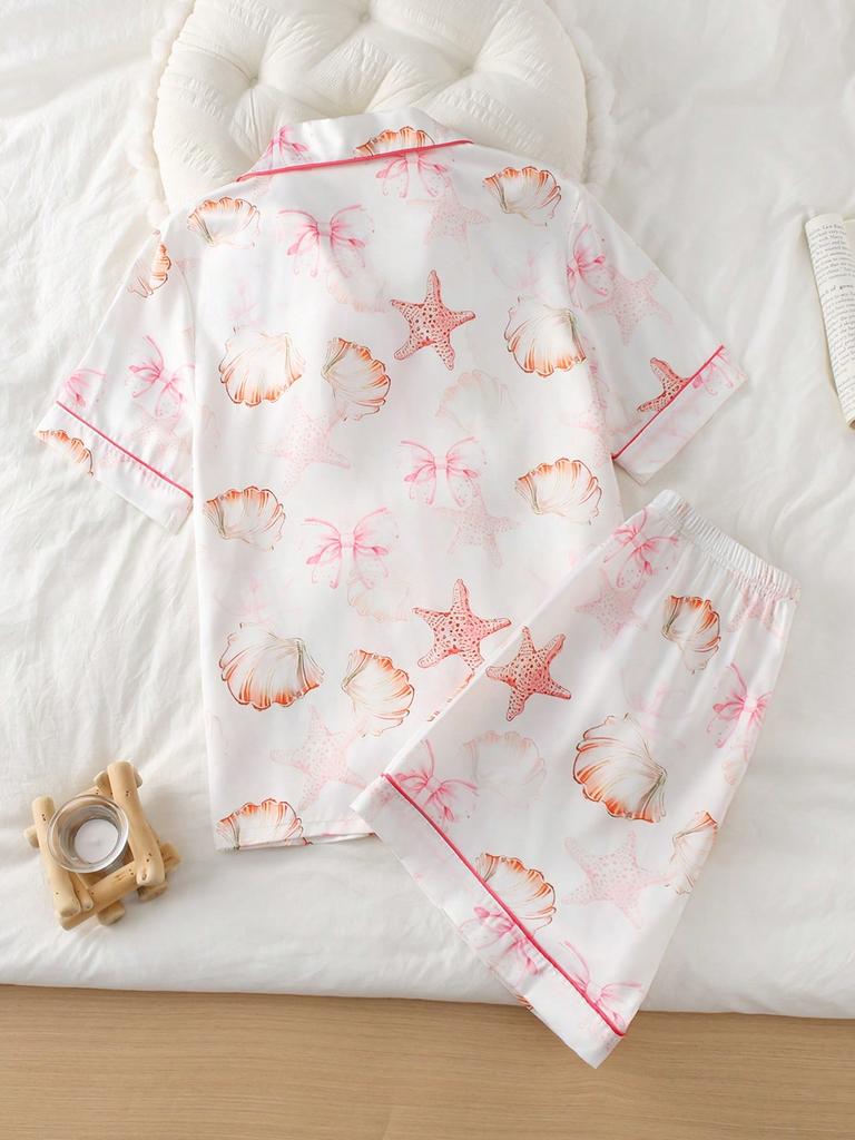 Jugendliche Mädchen Satin Kurzarm Pyjama Set Muschel Seestern Druck Revers Knopf Oberteil & Shorts Seidig Weich Sommer Nachtwäsche für Große Kinder 13-16J