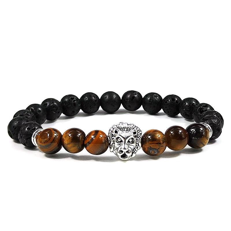 Natural Stone Tiger Eye Elastic Bracelet with Lion Beads – European & American Style