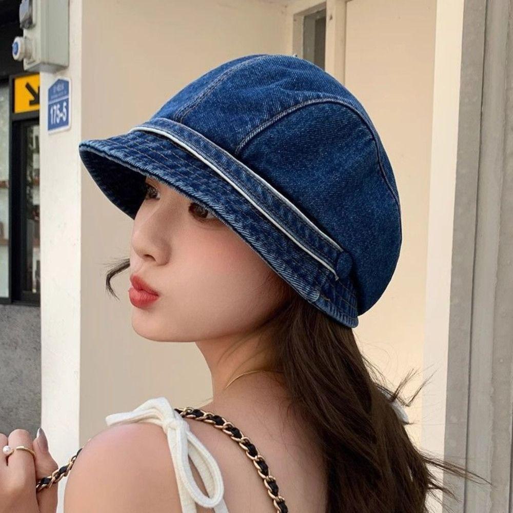 Japanese Short Brim Denim Cap All-Match Leisure Visor Hat Fashion Denim Bucket Cap  Male and Female