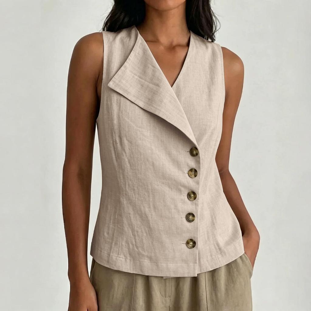 Blusa casual de lino para mujer sin mangas, con botones al frente, cuello en V, ligera, de verano, con cuello asimétrico