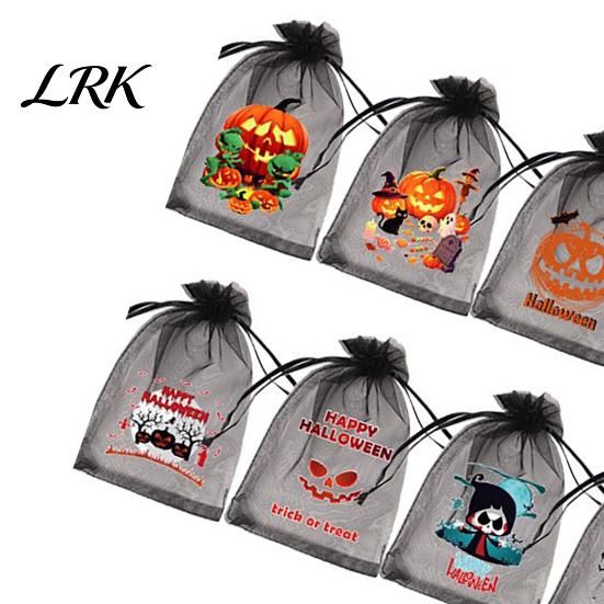 Storage Bag 12 Pcs Halloween Organza Candy Bag, Drawstring Treat Pouch with Pumpkin Ghost Bat Kids Pouches Print, Sheer Favor for Party Snacks, Trick