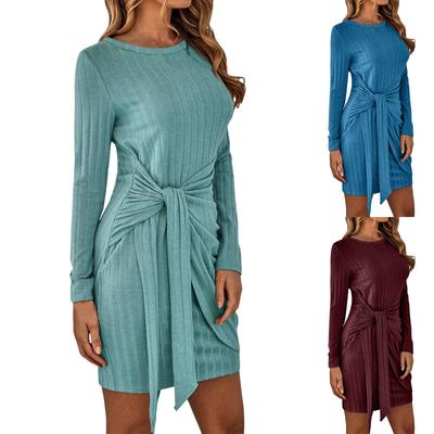 Women's Fashion Long Sleeve Round Collar Color Slim Dress