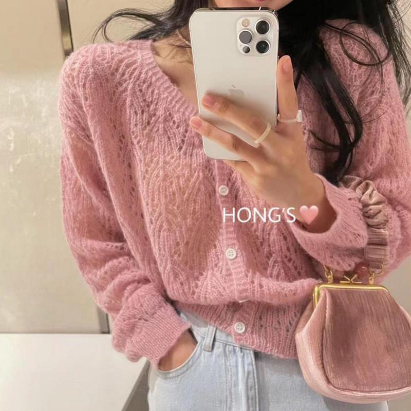 

Knitted Cardigan, Hollow-out Design, Fashionable V-neck, Lightweight Knit Cardigan For Women (suitable For -conditioned Environments). One Size рожевий