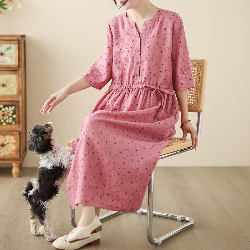 

2025 лето новое свежее платье из хлопка и льна с принтом женское с тонкой талией и полуоткрытым воротом с короткими рукавами длинная юбка 2XL