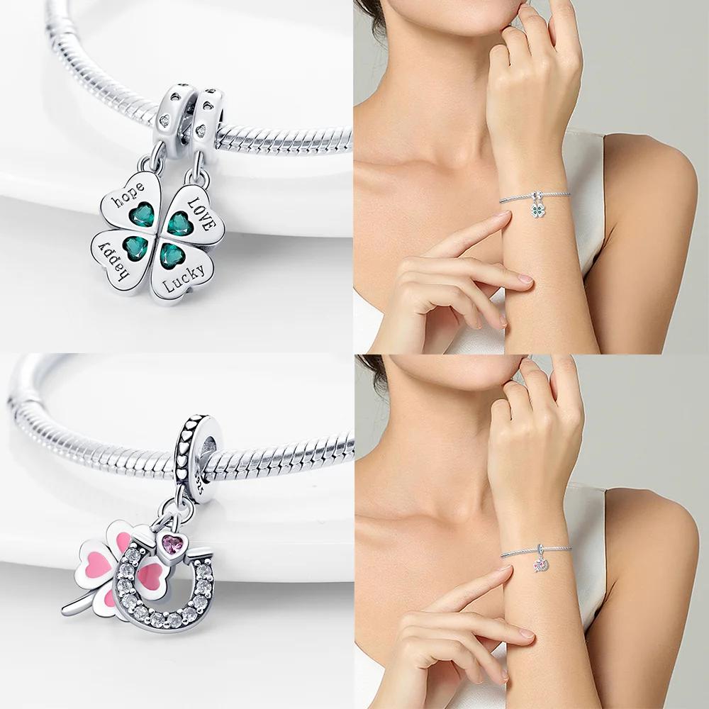 Copper U Shaped Lucky Four Leaf Clover Series Charms Beads Fit Original Bracelet Necklace Fine Diy Women Birthday Jewelry