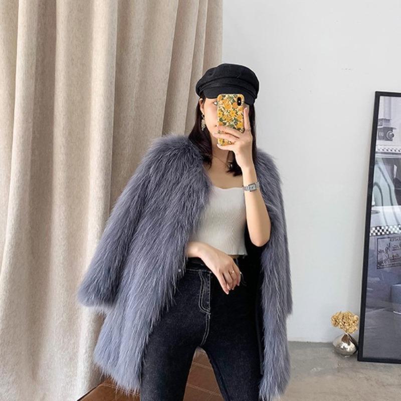 

Осенне-зимняя женская одежда средней длины, шуба из искусственного меха, имитация лисьего меха, модное и тонкое пальто с длинным ворсом на подкладке 3XL темно-серого