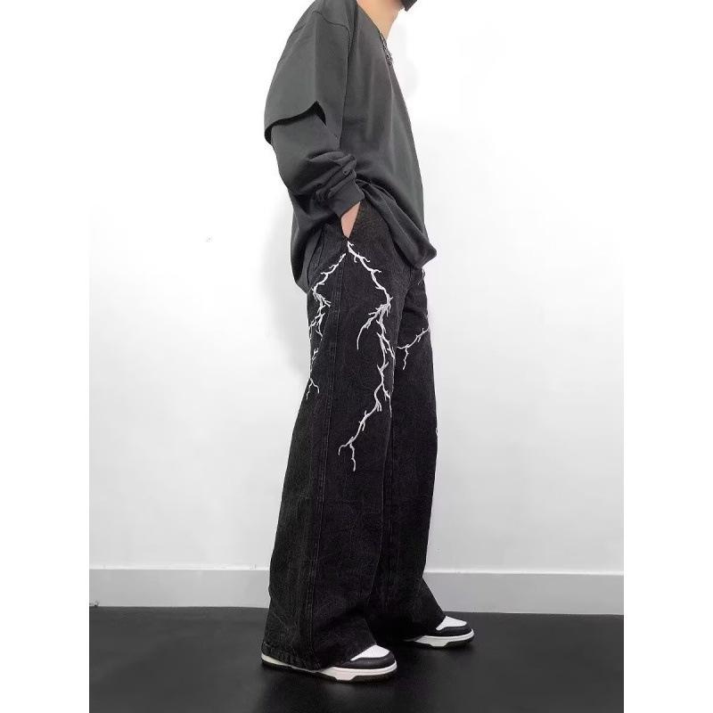 JYL Men's Wide-Leg Jeans Niche Lightning Embroidered Spring American Street Denim