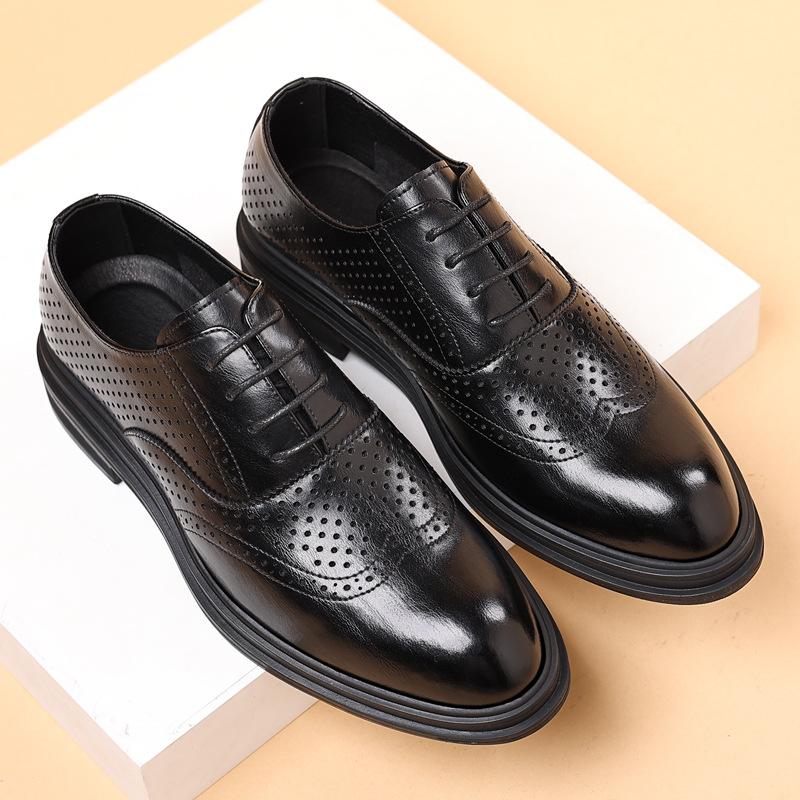 Summer hollow leather shoes 8cm inner height increase Brock breathable business dress shoes men's soil 6cm wedding groom men's shoes