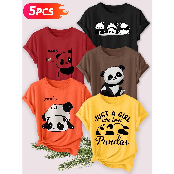 Five-piece set Elegant short-sleeved shirt for women Panda series printed round-neck women's short-sleeve shirt is suitable for spring and summer