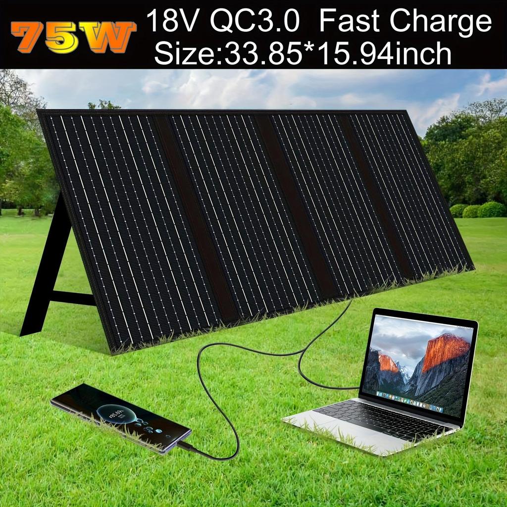 75W Bærbart solcellepanel med fast stativ Sammenleggbart solcellepanel dobbel USB Hurtiglading QC3.0 TYPE-C DC 3.0 for camping 18V solenergi generator strøm