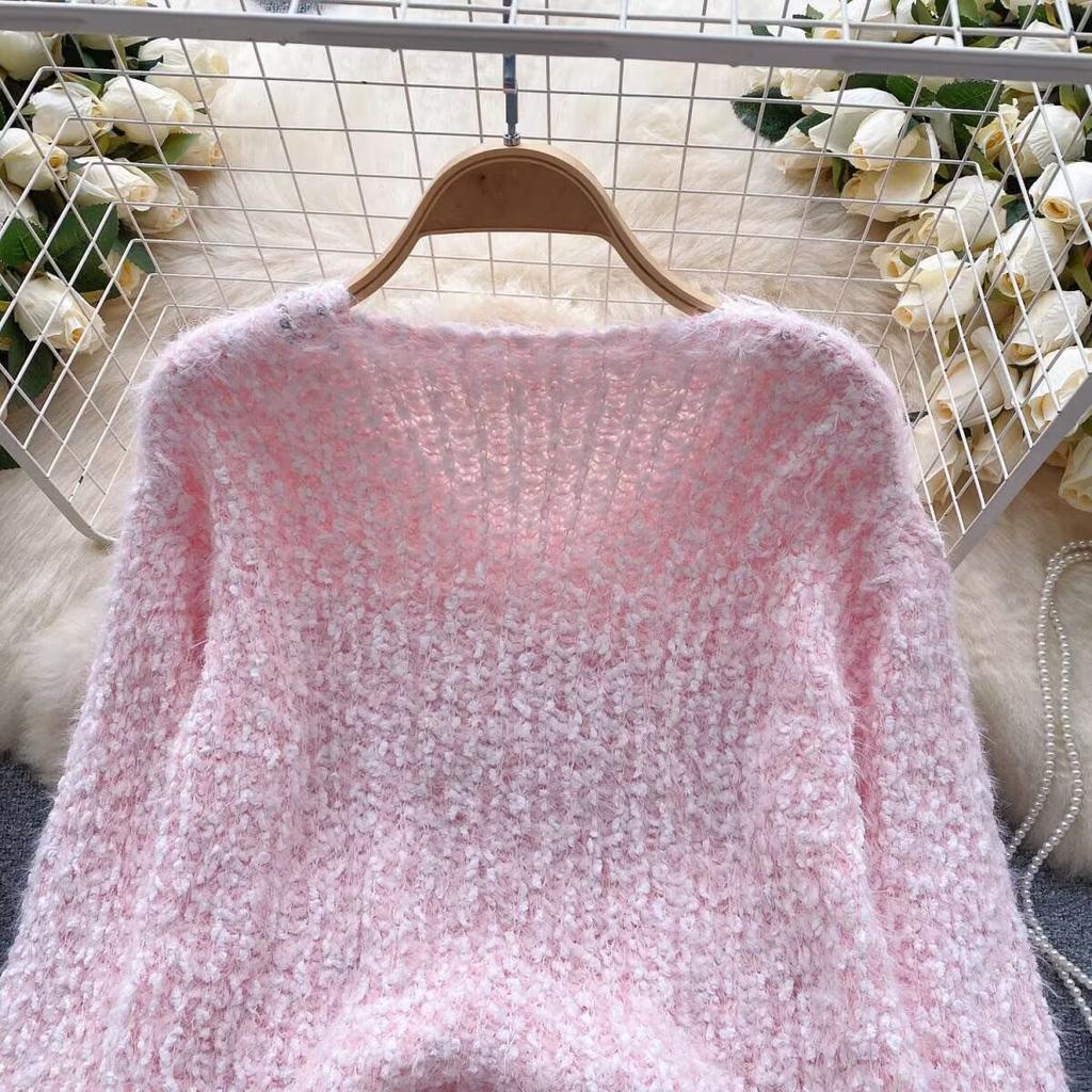 Autumn Winter Women Sweet V-neck Soft Furry Mohair Rhinestone Knitted Sweater Christmas Pullover Tops