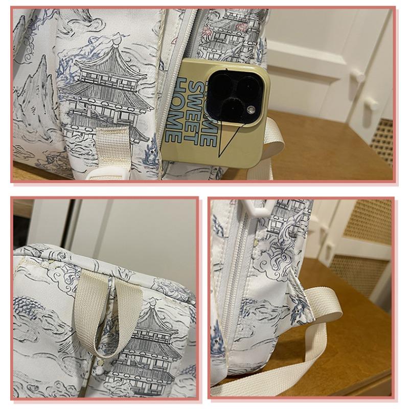 Zaino in Nylon Stampato Paesaggio Stile Cinese con Grande Capacità e Tasche Multiple Adatto per l'Uso Quotidiano e Studentesco Come Zaino Studentesco