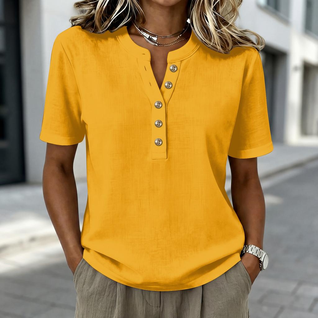 Women’s Cotton Linen Henley Neck Short Sleeve Shirt with Button Placket Solid Pattern Relaxed Fit Casual Blouse Top