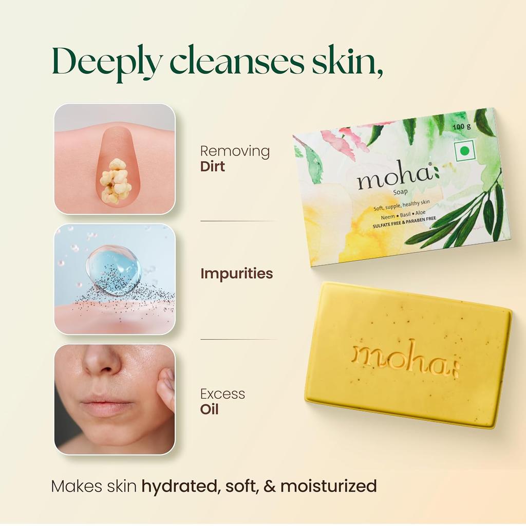 Moha Herbal Bathing Soap with Neem, Tulsi & Aloe  For Daily Use, Gentle Cleansing For Dry Skin, Hydrating Natural Body Soap  100gm X Pack Of 6