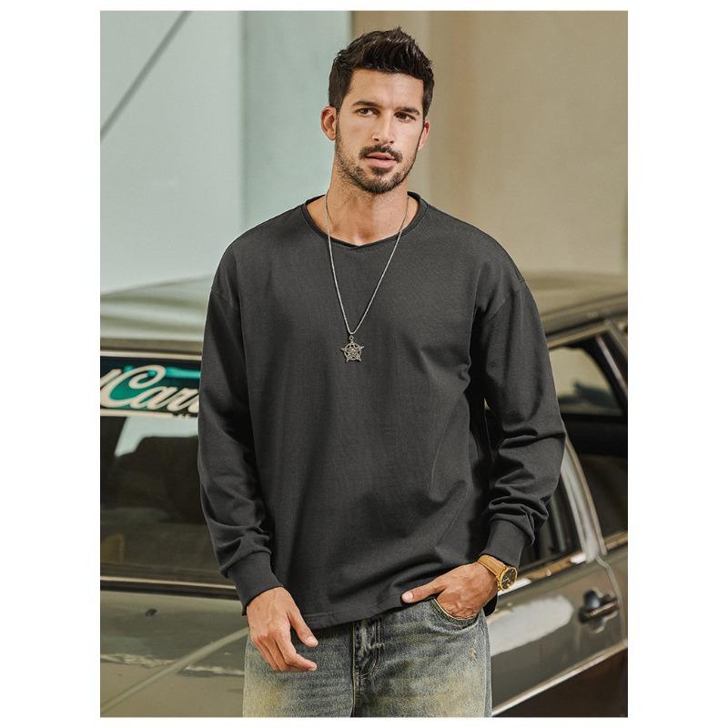 Men 100 Cotton Loose Long Sleeve Round Neck Casual Solid Vintage T Shirt