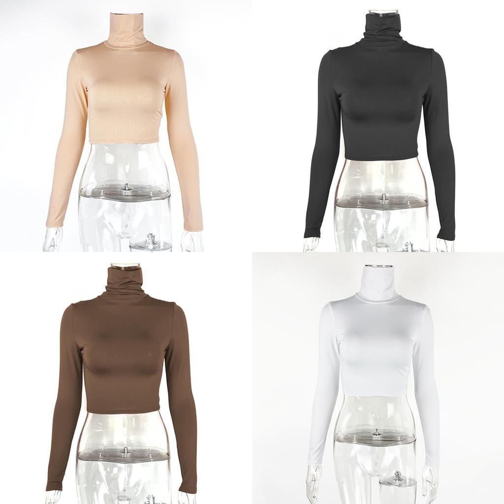 Streetwear T Shirt With High Neck Long Sleeves For Fall Fashion Women