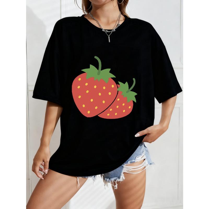 Strawberry Print T Shirt White Casual Summer Top For Women Streetwear Fashion Trendy Graphic Tee With Fruit Design Perfect For Everyday Wear