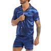 Mens Silky Satin Pajamas Set Short Sleeves Button Down Shirt Top with Shorts Sleepwear Loungewear