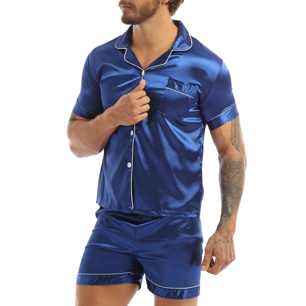 Mens Silky Satin Pajamas Set Short Sleeves Button Down Shirt Top with Shorts Sleepwear Loungewear
