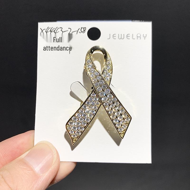Exquisite Copper Zircon Brooch – High-End White Ribbon Coat Pin Accessory