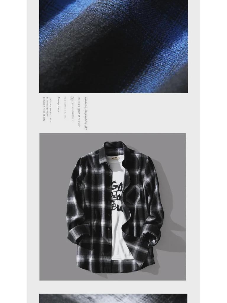 Men's Korean-Style Black and White Plaid Long-Sleeve Casual Shirt