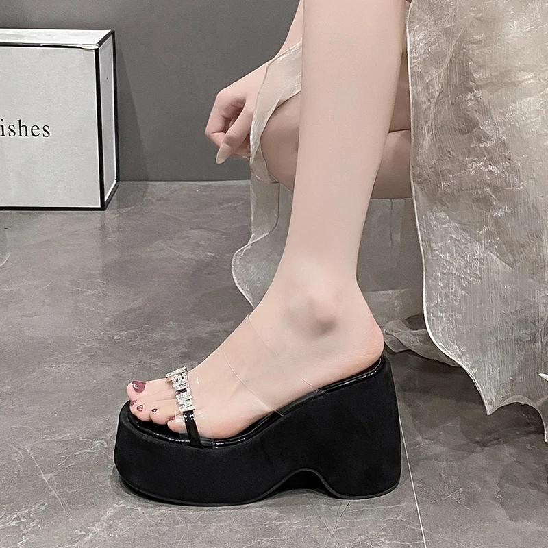11CM Women Summer Wedge Sandals Transparent Bling Crystal Chunky Platform Slippers Shoes Woman Ultra-high Thick Bottom Sandalias