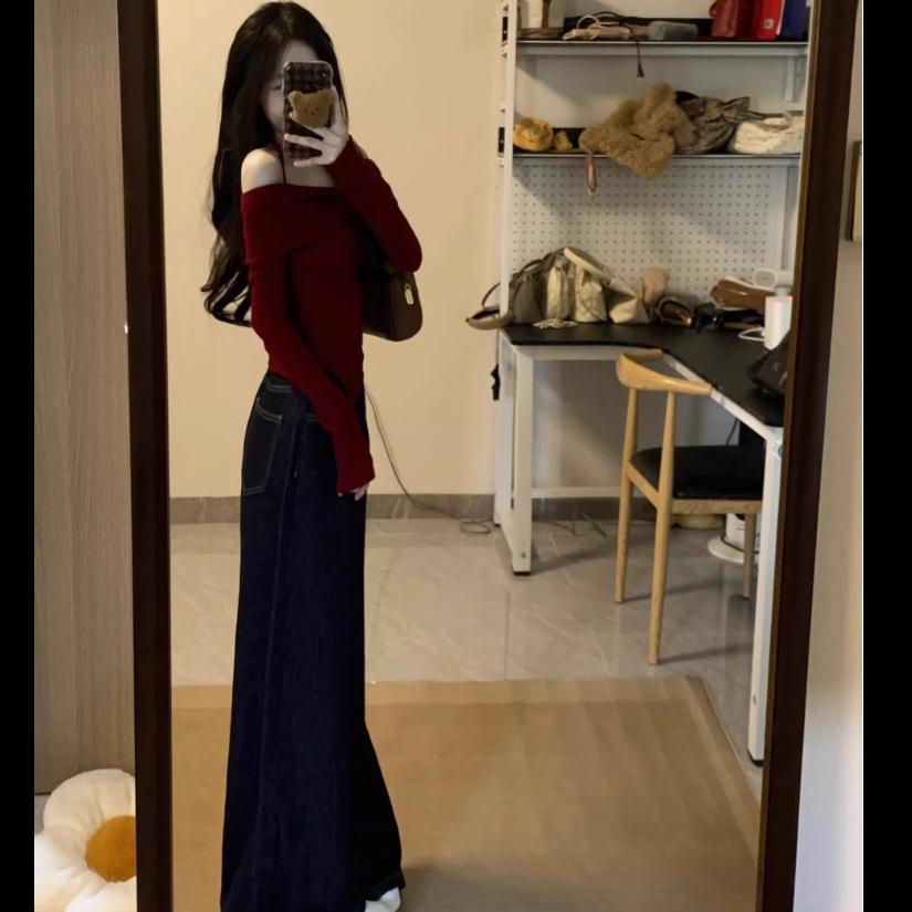 Elegant Red One-Shoulder Bow Long-Sleeve Women's Slim Fit Top - Perfect for Autumn/Winter