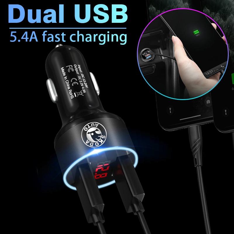 Car Charger 2 USB Ports Fast Charging Digital Display Car Accessories For Skoda Octavia Superb Rapid Kodiaq Karoq Fabia Kamiq Roomster Citigo