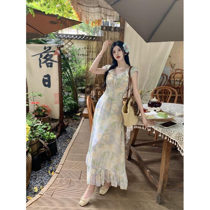 

Lotus leaf edge floral chiffon slightly fat mm coffee break French feeling sweet floral dress women s seaside vacation style S