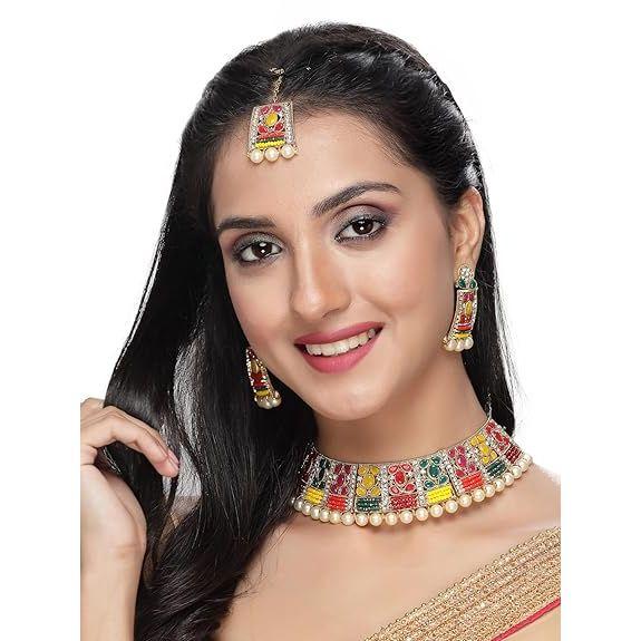 Adorable Unique Stylish Rani Pink Stone Studded With Pearls Choker Necklace Set For Women