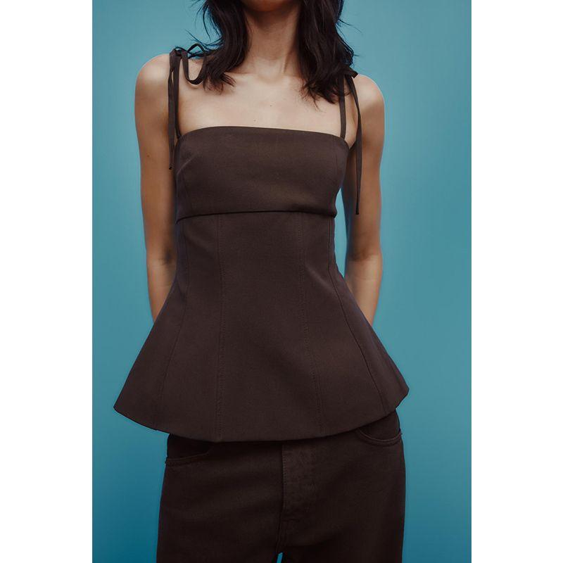 Summer New Product Women's Clothes Minimalist Style Patchwork Lining Bowknot Decoration Straight Collar Silm Tops 3120422