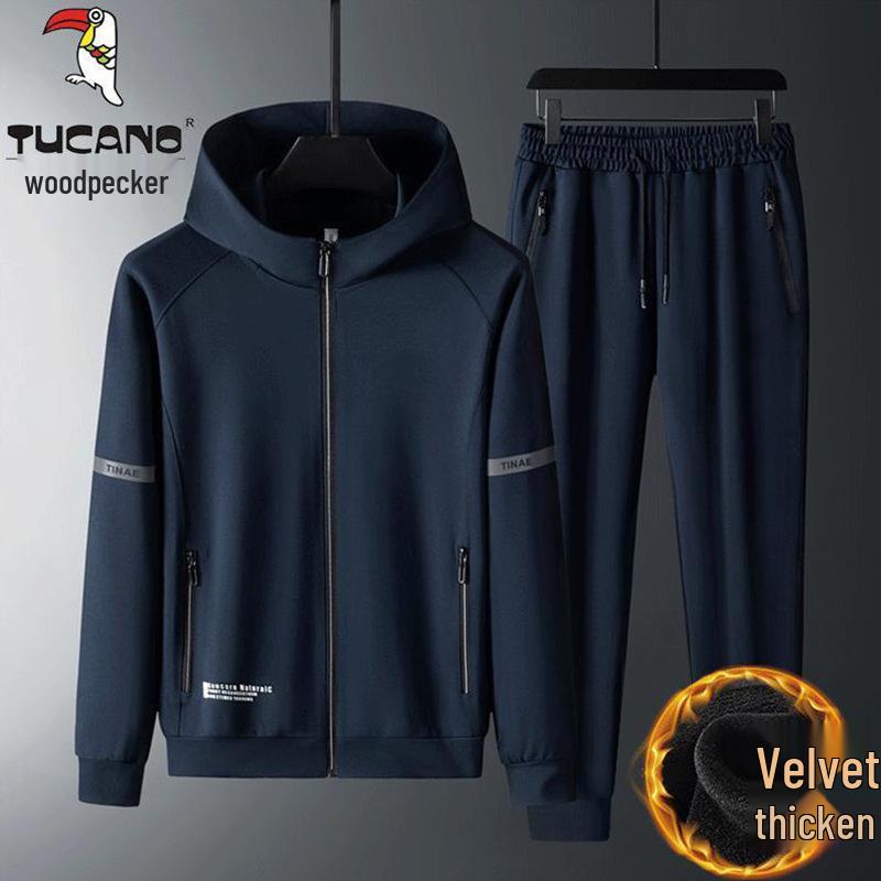 Męski zestaw bluzy z kapturem i spodni z podszewką z polaru Włoski Dzięcioł