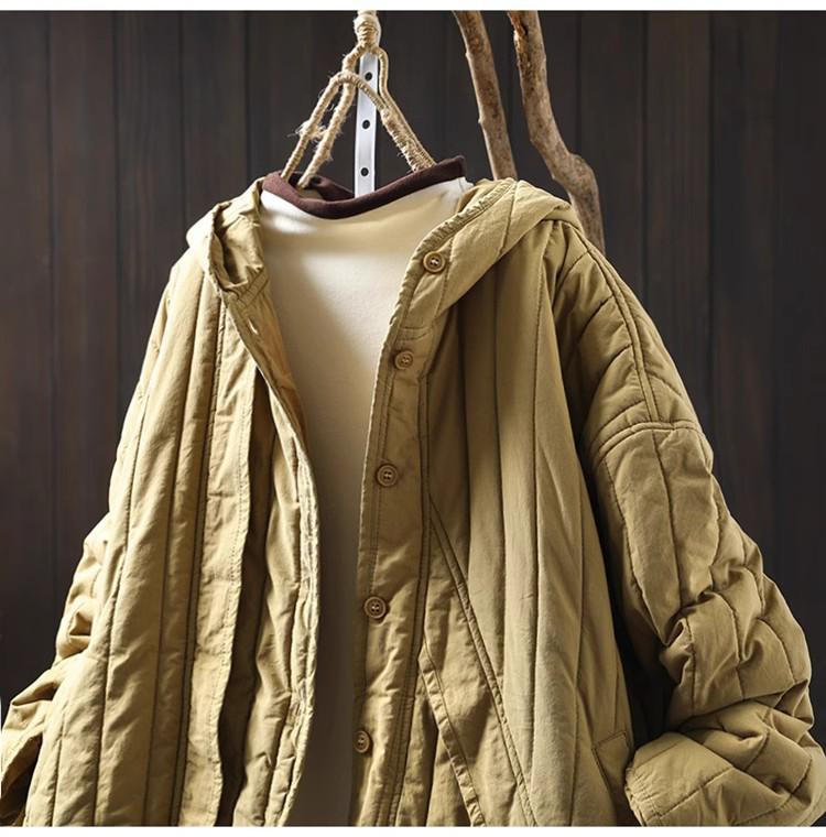 Women's Retro Winter Quilted Cotton Jacket with Hood, Vertical Stripes, Loose Fit, Petite Size, Warm & Thick Design