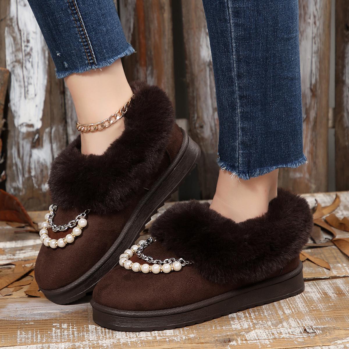 

Luxury Pearl Chain Faux Fur Snow Boots Women 2026 Winter Round Toe Non Slip Thick Bottom Cotton Boots Warm Short Plush Booties 36 коричневый