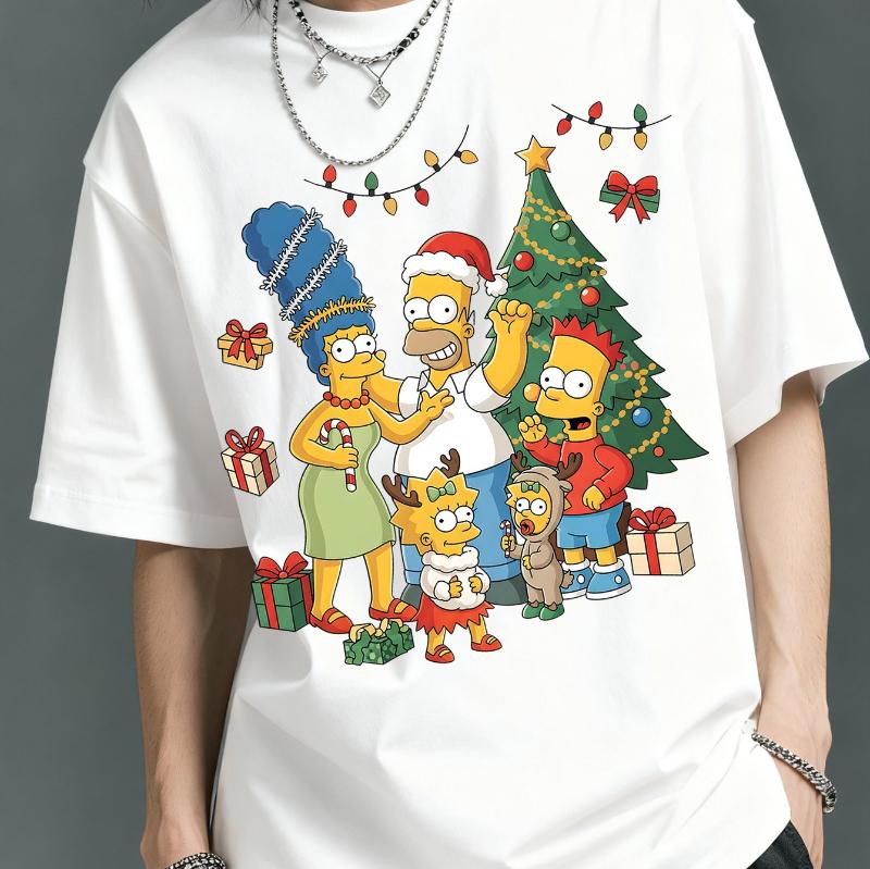Summer Simpson Family Christmas Print Tshirt with The Same Casual Letter Cartoon Pattern for Both Unisex and Women Cotton
